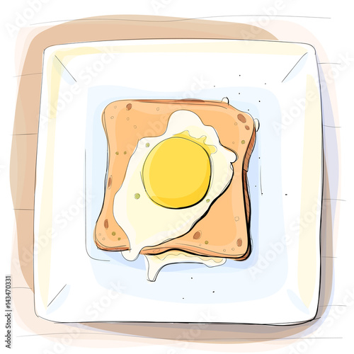 Color illustration of bread with butter on a plate