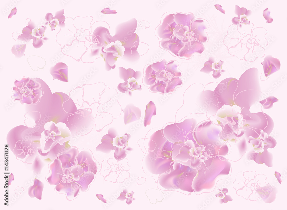 Spring abstract pastel colors background with cherry blossom and orchids 