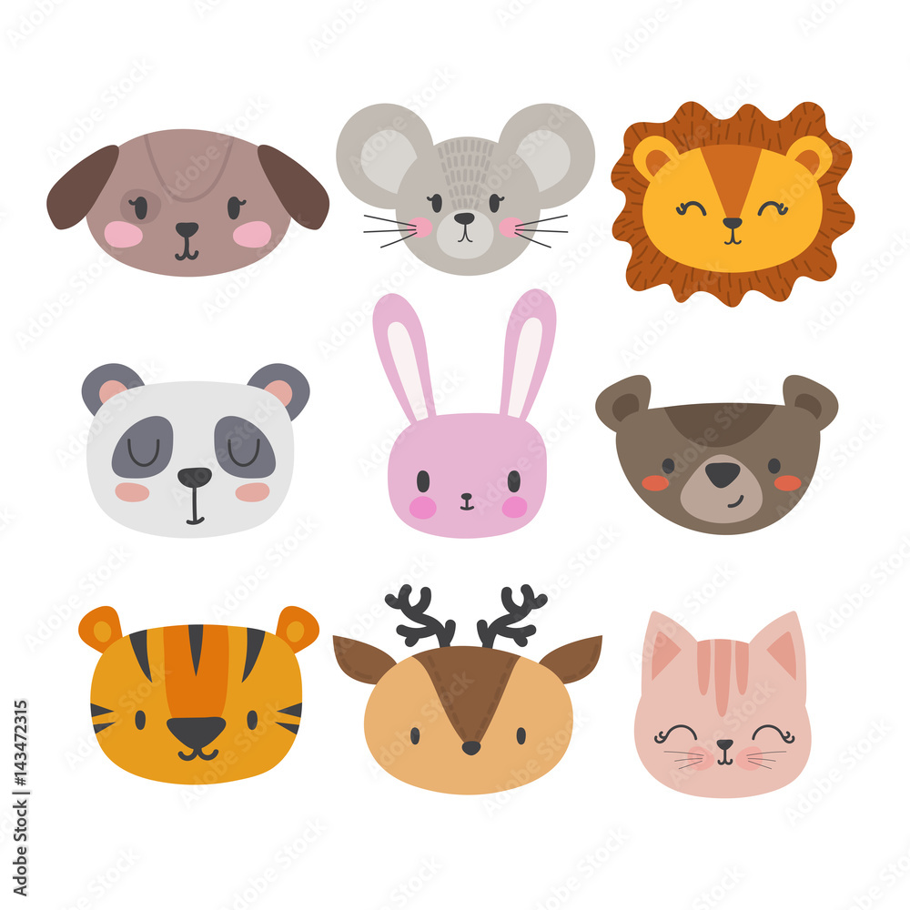 Set of cute hand drawn smiling animals. Cat, panda, tiger, dog, deer, lion, bunny, mouse and bear. Cartoon zoo