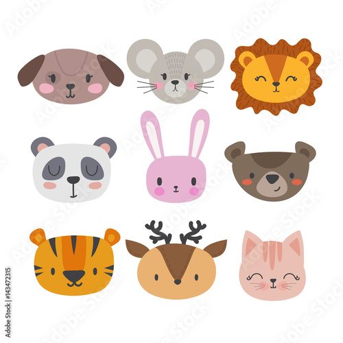 Set of cute hand drawn smiling animals. Cat, panda, tiger, dog, deer, lion, bunny, mouse and bear. Cartoon zoo
