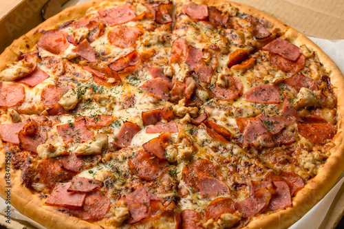 Large hot pizza with meat ingredients