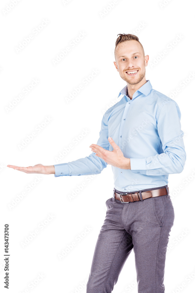 man presenting or showing something your text or product. human emotion expression and lifestyle concept. image on a white studio background. man presenting or showing something your text or product. human emotion expression and lifestyle concept. image on a white studio background.