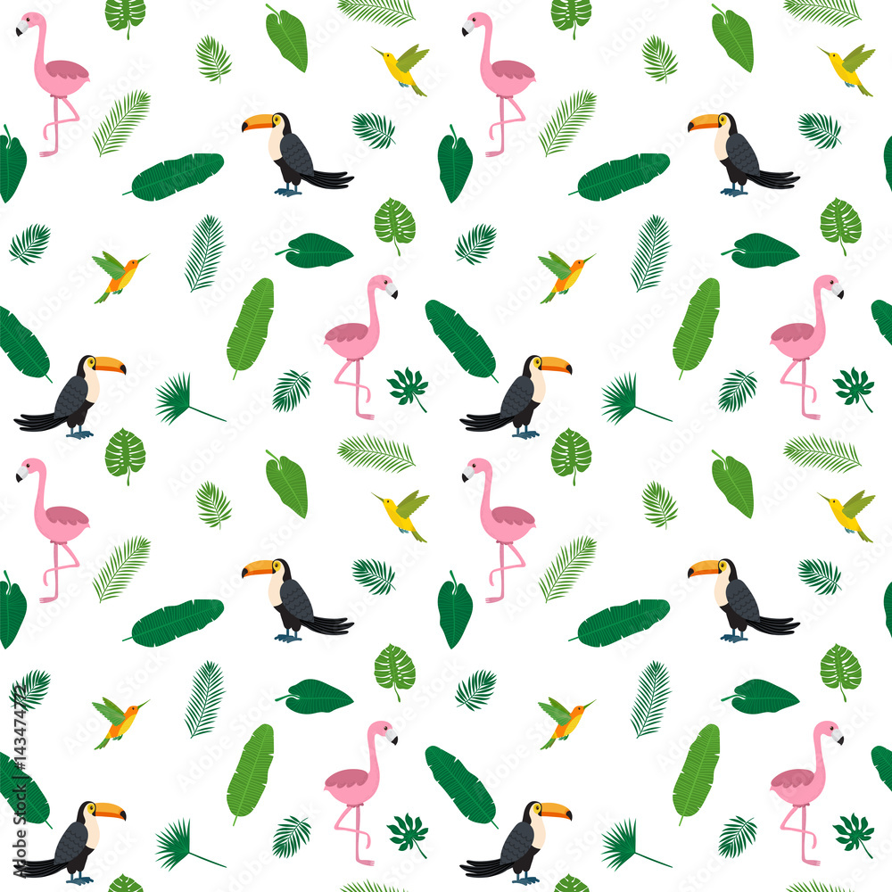 Naklejka premium Tropical seamless pattern with pink flamingos, hummingbirds, toucans and green palm leaves