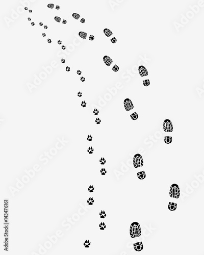 Footprints of man and dog, turn left, vector