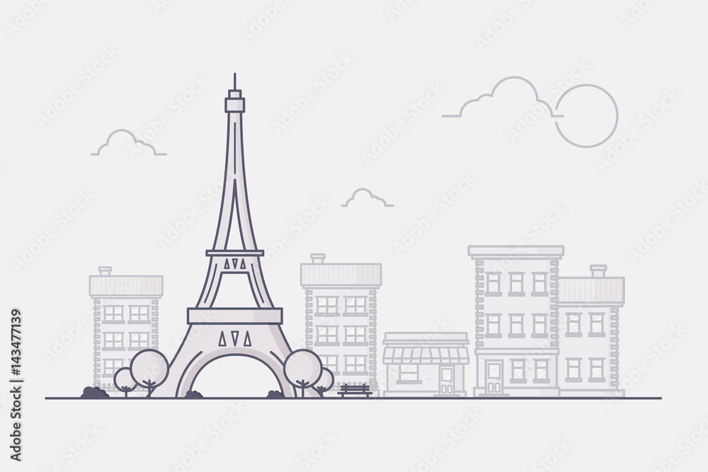 Line Art Vector Illustration of Paris with its Famous Landmark Eiffel Tower and City Buildings in the Background. 