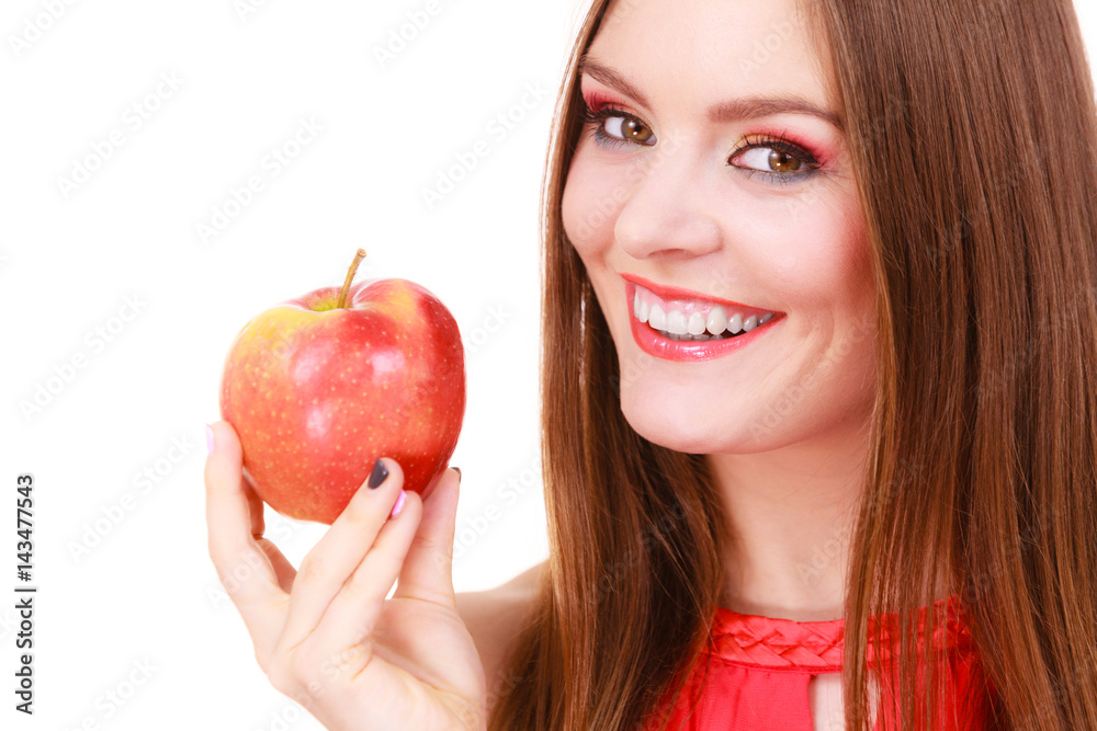 Woman charming girl colorful makeup holds apple fruit Woman charming girl colorful makeup holds apple fruit