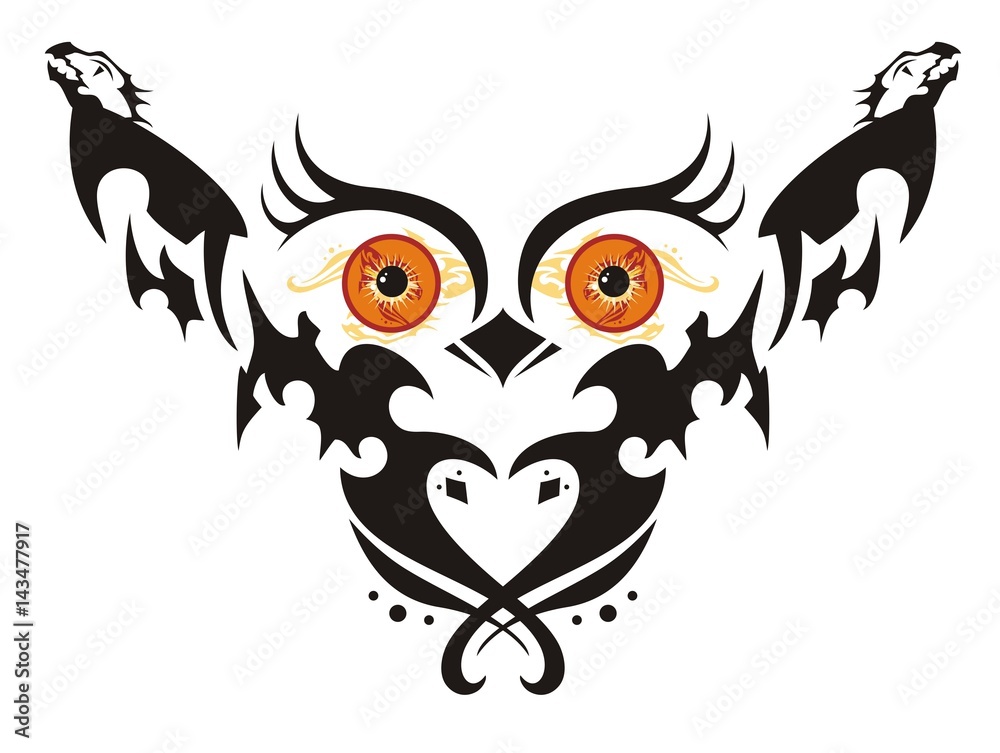 Owl with big orange eyes. Fantastic owl in flight with wings in the form of dragons in tribal style