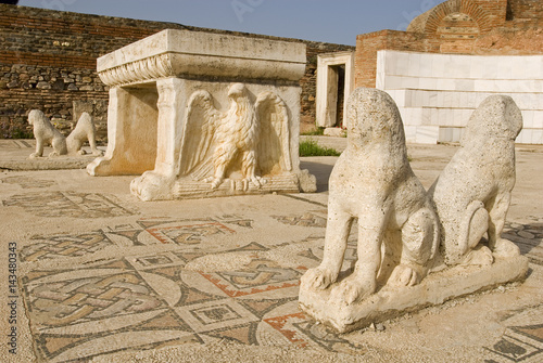 Lion statues and marble table in the synagogue of Sardes. It has been dated to the third century CE and occupied a long hall on the south side of the gymnasium. photo