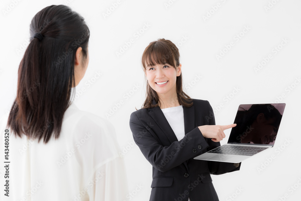 asian businesswomen talking on white background asian businesswomen talking on white background