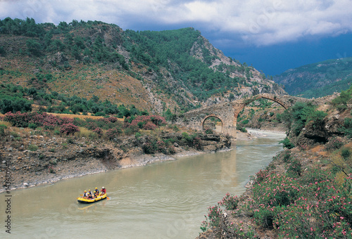 Rafting in Dalaman River and ancient Byzantine stone Bridge, Fethiye Turkey.