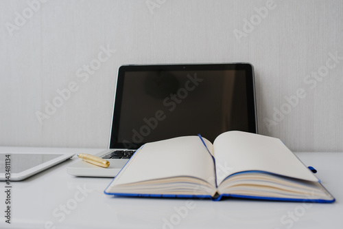 Top view of white studio workplace