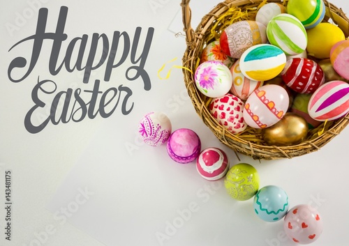 Grey easter graphics with eggs on table and in basket