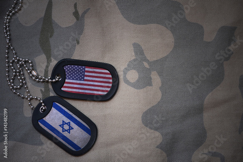Bild auf Leinwand army blank, dog tag with flag of united states of america and israel on the khaki texture background