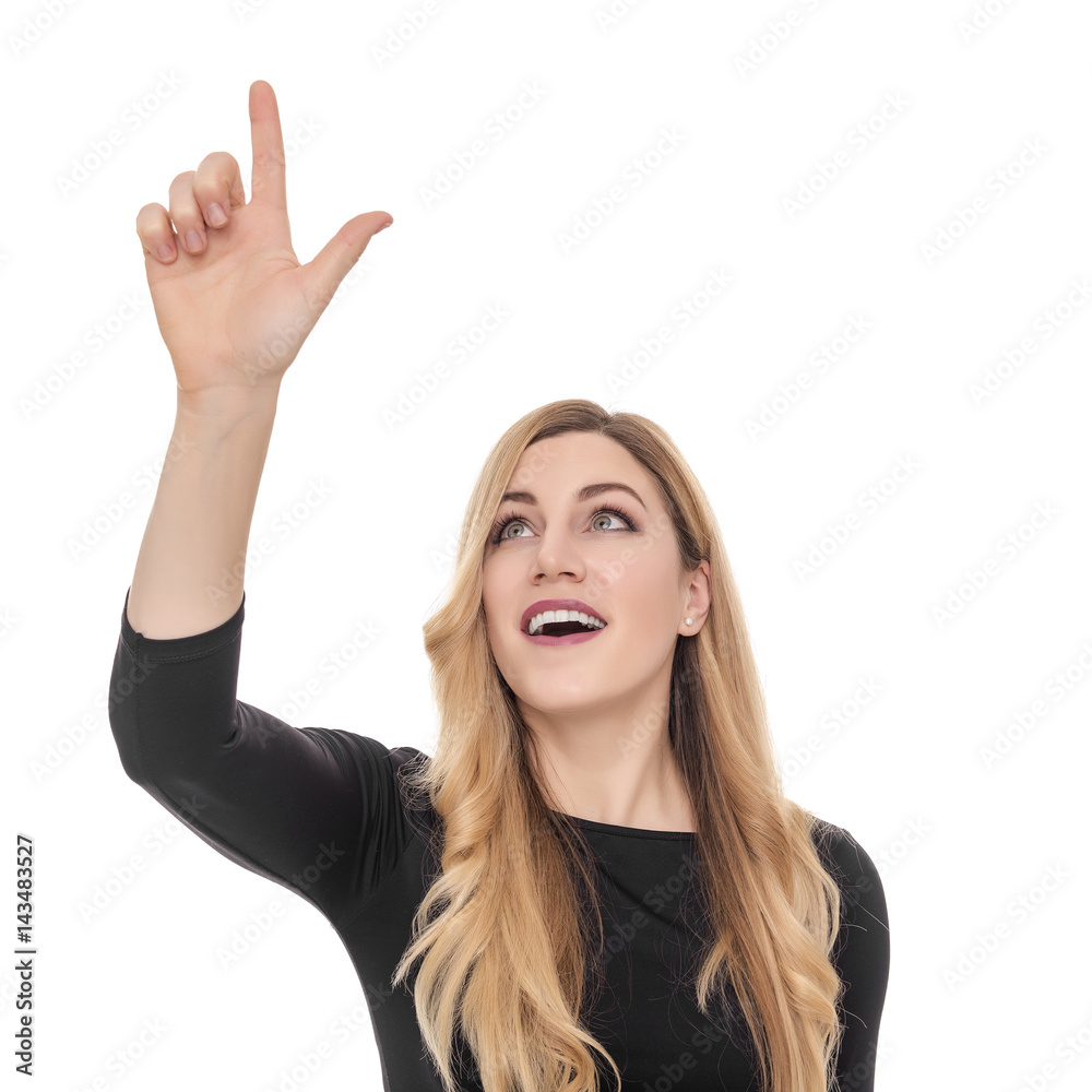 Attractive young woman pointing with finger. Attractive young woman pointing with finger.