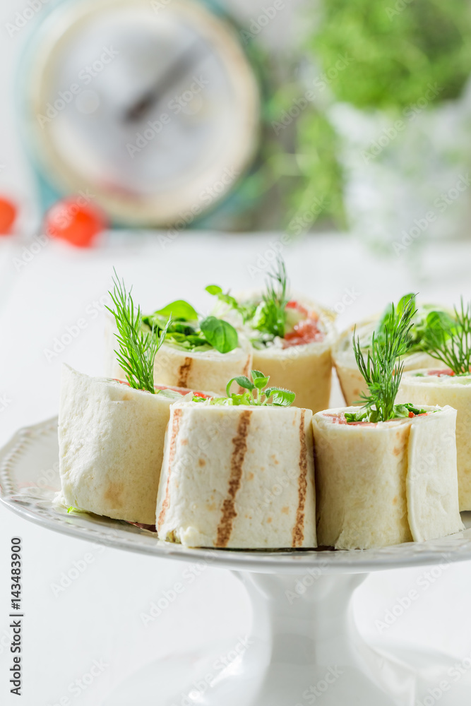 Delicious tortilla with vegetables, cheese and herbs for a brunch