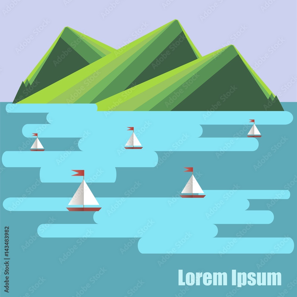 Flat design background with green mountain, blue sea, ships, Lorem ipsum stock vector illustration Flat design background with green mountain, blue sea, ships, Lorem ipsum stock vector illustration