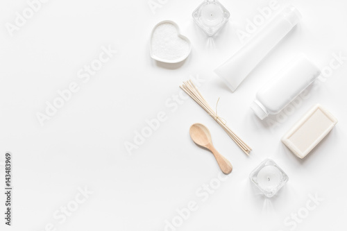 white set of cosmetics for spa on table background top view mockup © 279photo