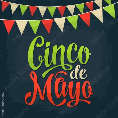 Cinco de Mayo lettering and garland. Vector color vintage engraving