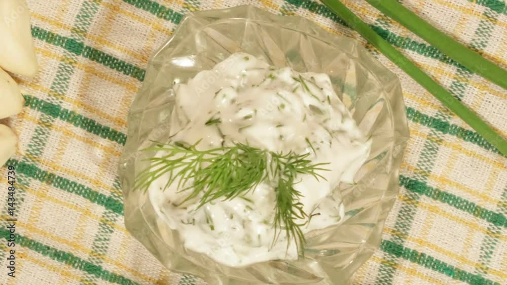 Garlic sauce with mayonnaise, green onions and dill. Very tasty home-made product Garlic sauce with mayonnaise, green onions and dill. Very tasty home-made product