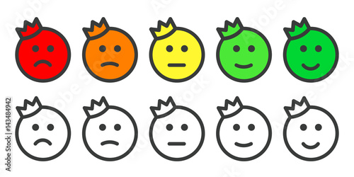Emoji icons, emoticons with crown for rate of satisfaction level. Five grade smileys for using in surveys. Isolated vector illustration on white background