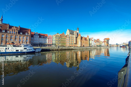 Motlawa river and colourful houses in Gdansk city, Poland