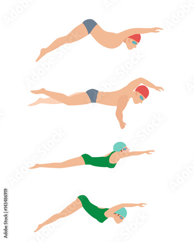 Vector illustration of swimming style scheme different swimmers man and woman in pool sport exercise. © Vectorvstocker