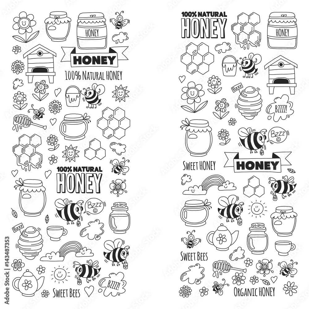 Honey market, bazaar, honey fair Doodle images of bees, flowers, jars, honeycomb, beehive, spot, the keg with lettering sweet honey, natural honey, sweet bees