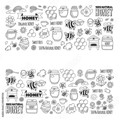 Honey market  bazaar  honey fair Doodle images of bees  flowers  jars  honeycomb  beehive  spot  the keg with lettering sweet honey  natural honey  sweet bees