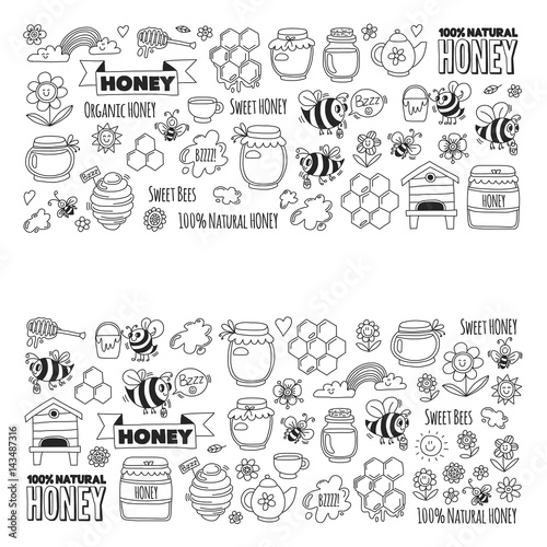 Honey market, bazaar, honey fair Doodle images of bees, flowers, jars, honeycomb, beehive, spot, the keg with lettering sweet honey, natural honey, sweet bees