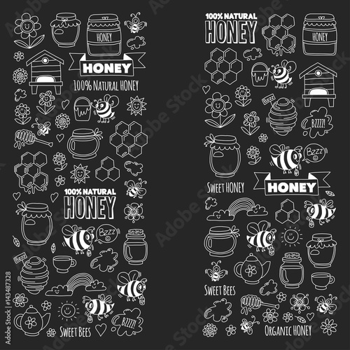 Honey market, bazaar, honey fair Doodle images of bees, flowers, jars, honeycomb, beehive, spot, the keg with lettering sweet honey, natural honey, sweet bees