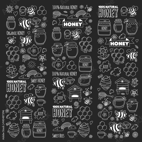 Honey market, bazaar, honey fair Doodle images of bees, flowers, jars, honeycomb, beehive, spot, the keg with lettering sweet honey, natural honey, sweet bees