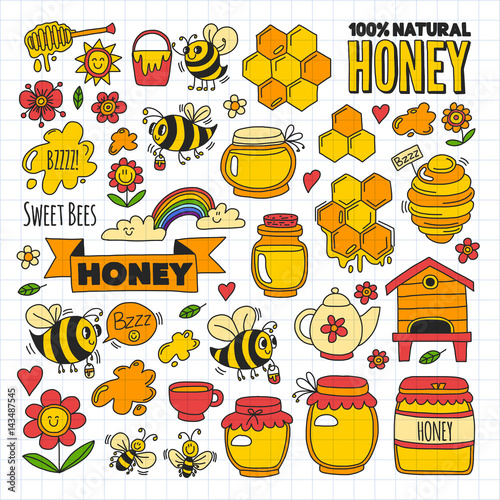 Honey market, bazaar, honey fair Doodle images of bees, flowers, jars, honeycomb, beehive, spot, the keg with lettering sweet honey, natural honey, sweet bees