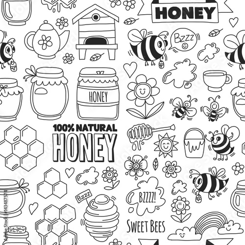 Seamless pattern Honey market, bazaar, honey fair Doodle images of bees, flowers, jars, honeycomb, beehive, spot, the keg with lettering sweet honey, natural honey, sweet bees
