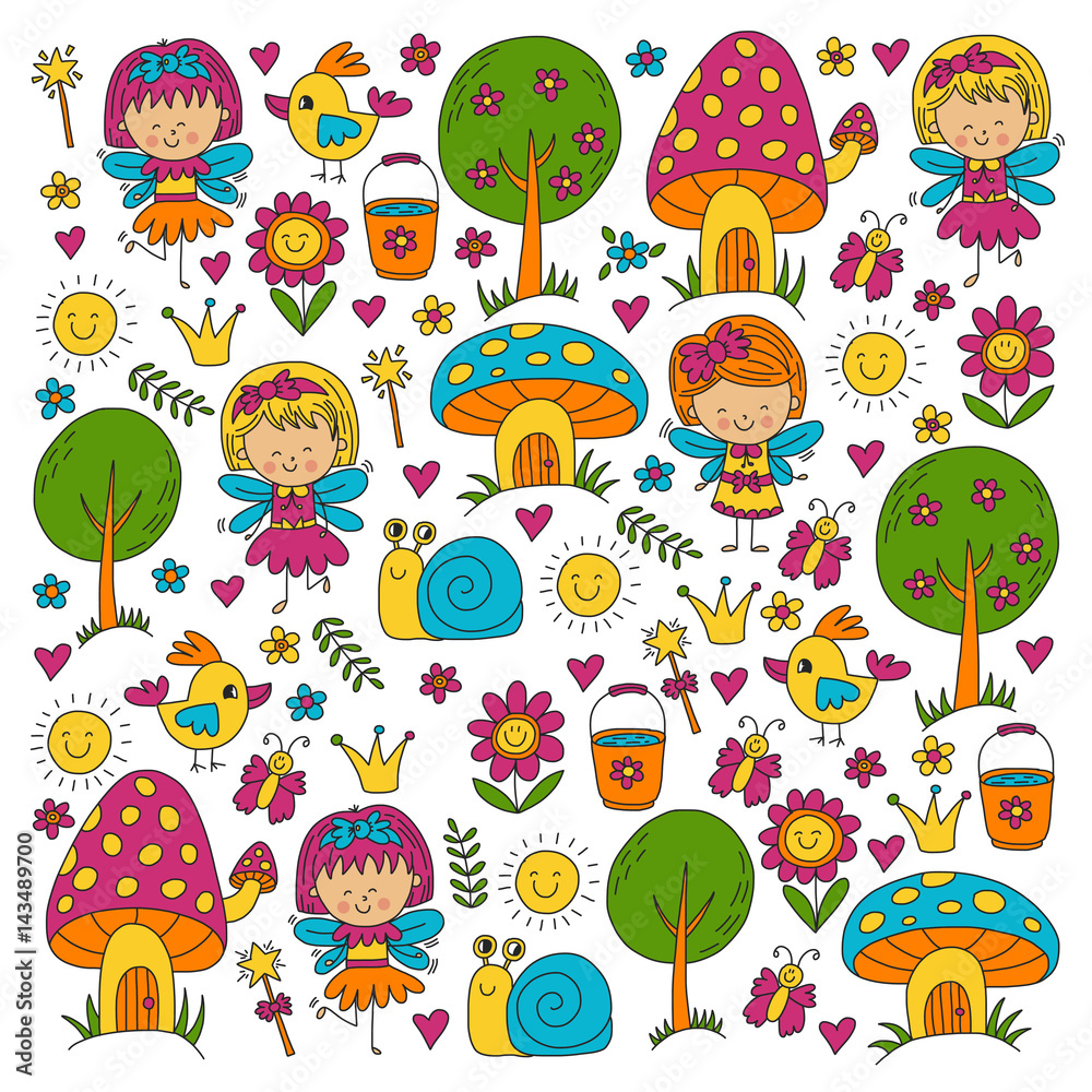 Illustration of magic forest with Fairies Doodle pattern
