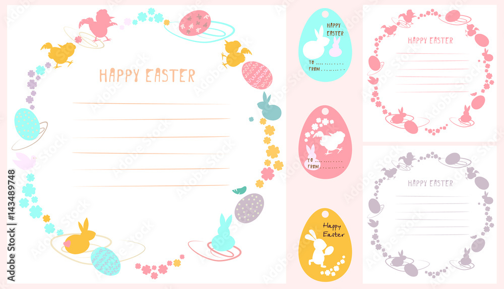 A set of easter ornaments. Vector picture with rabbits, flowers and colored Easter eggs. Predominant colors: pink, yellow, blue.. A set of easter ornaments. Vector picture with rabbits, flowers and colored Easter eggs. Predominant colors: pink, yellow, blue..