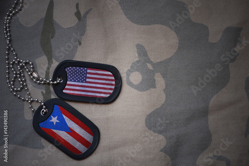 Bild auf Leinwand army blank, dog tag with flag of united states of america and puerto rico on the khaki texture background