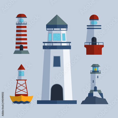 Cartoon flat lighthouse searchlight tower for maritime navigation guidance light vector illustration.