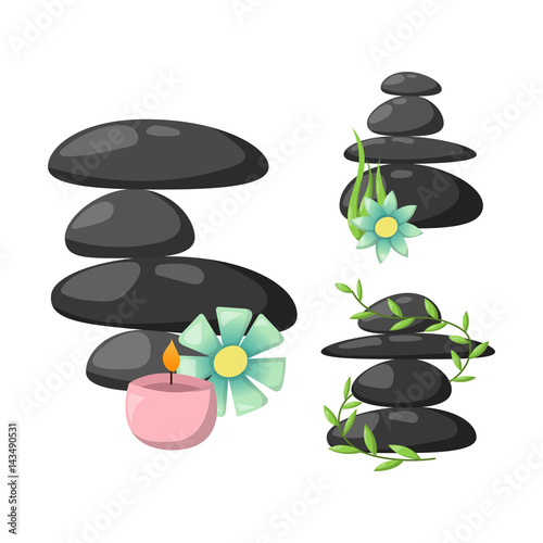 Pyramid from sea pebble relax heap stones isolated and healthy wellness black massage meditation natural tool spa balance therapy zen vector illustration.