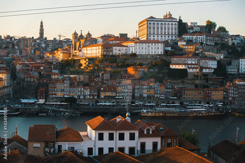 View Douro river and Ribeira at old downtown of Porto, Portugal.