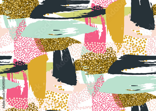 Vector seamless pattern with hand drawn gold glitter textured brush strokes