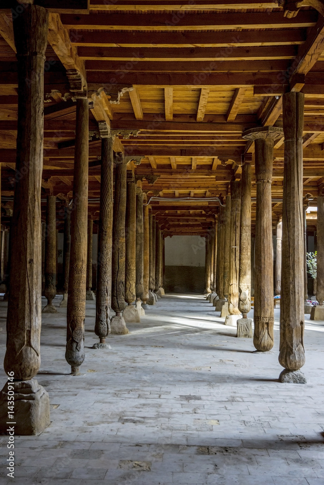 Carved wooden pillars in madrassa, Khiva