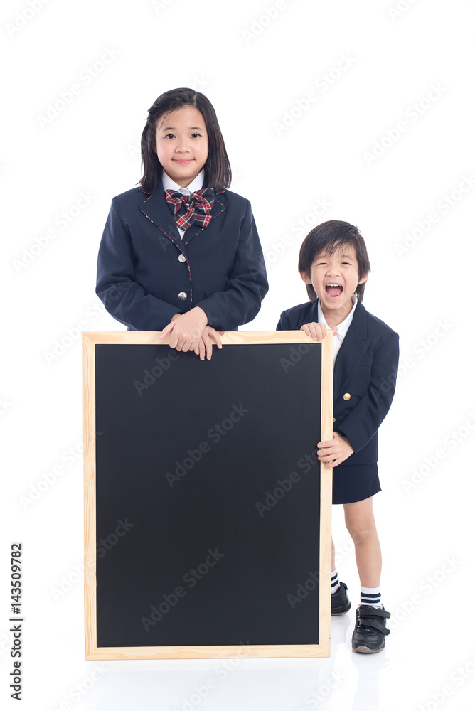 Asian children with black board on white background Asian children with black board on white background