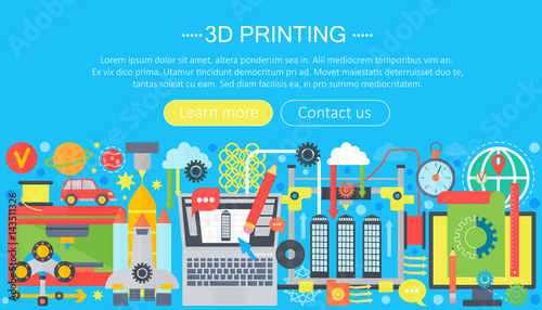 3d printer technology flat concept set. 3d modeling, printing and scanning web header.