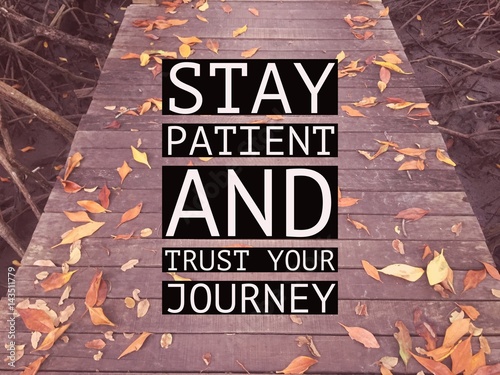 Inspirational motivational quote “stay patient and trust your journey” on wooden walkway with autumn leaves background.