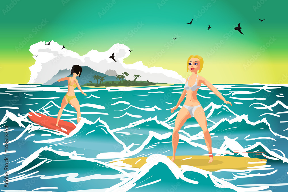 Young women in bikini surfing on the wave at sunset. Tropical sea summer landscape. Vector flat cartoon illustration