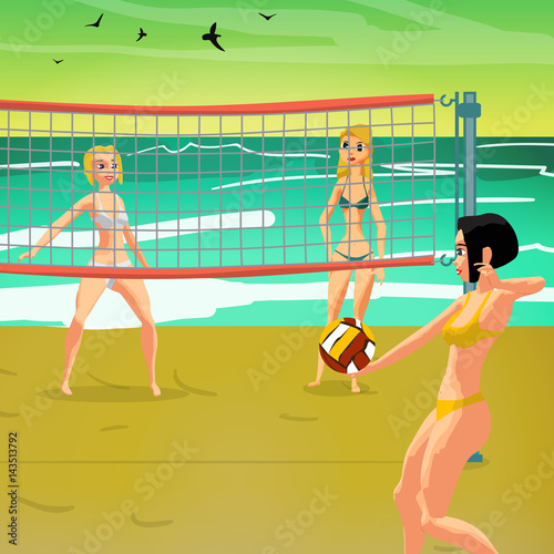 Girls playing volleyball on the beach at sunset. Women in bikinis. Start the game, the girl holding the ball. Flat cartoon vector illustration.