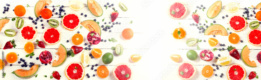 Mixed fruits on a white wooden table. Mixed fruits on a white wooden table.