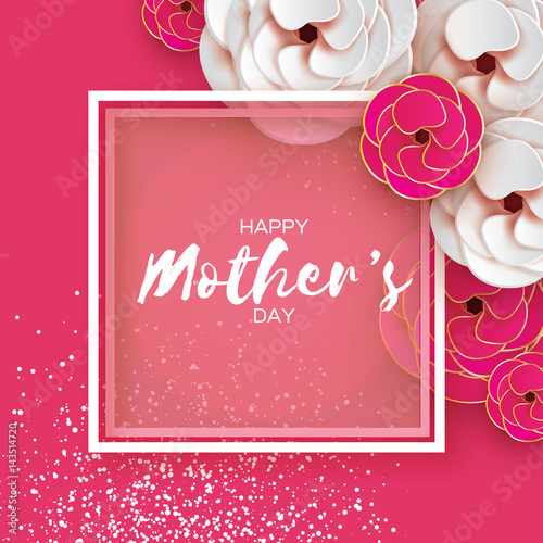 Pink Gold Happy Mothers Day Greeting card. Women's Day. Paper cut flower. Origami Beautiful bouquet. Square frame. text.
