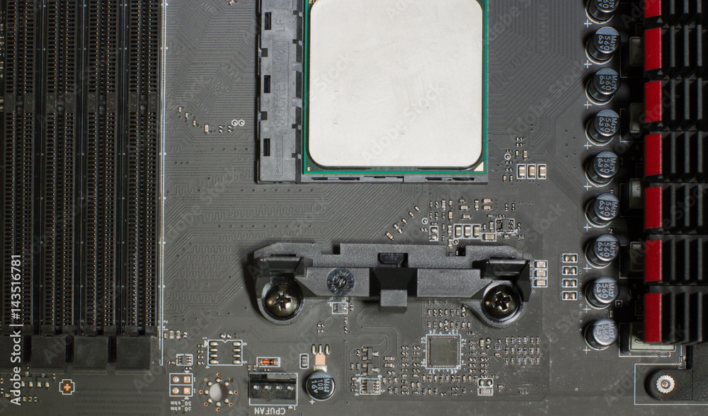 Computer motherboard with a view of parts and components Computer motherboard with a view of parts and components