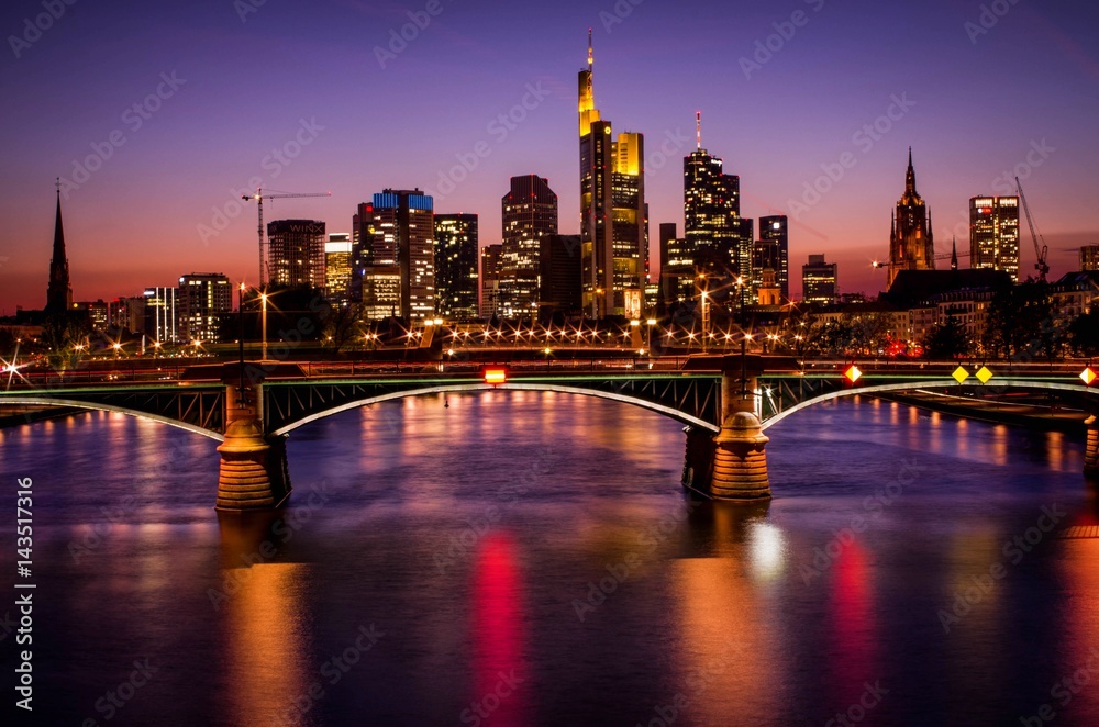 Long exposure photo of Frankfurt am Main city skyline at blue hour